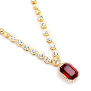 Wholesale Swarovski element rectangle necklace in real gold and white gold plating, emerald cut crystal pendant for social events, JuneJewelry collection.