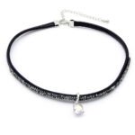 Black leather Swarovski element crystal leather choker with round crystals, 18K white gold plated.