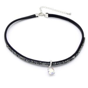 Black leather Swarovski element crystal leather choker with round crystals, 18K white gold plated.