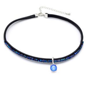 Black leather Swarovski element crystal leather choker with round crystals, 18K white gold plated.