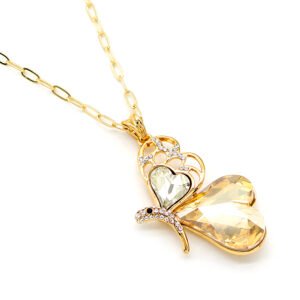 Sparkling Swarovski element butterfly heart pendant necklace in 18K gold plated copper for wholesale fashion jewelry on junejewelry.com.