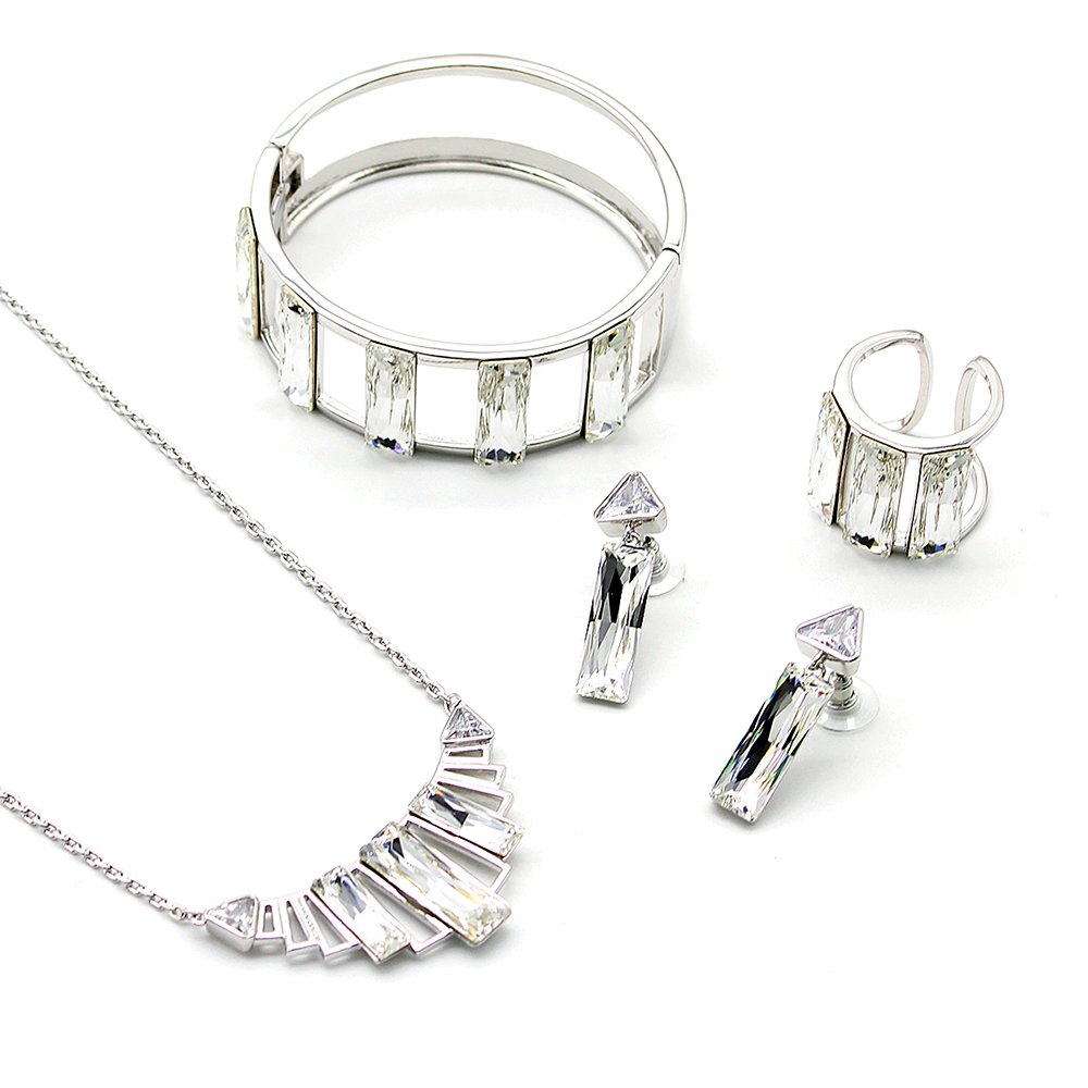 Wholesale Swarovski element rectangle jewelry set: rectangle crystal necklace, matching earrings, ring, and bracelet in real gold plated copper.
