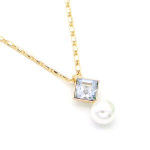 Modern square Swarovski element crystal and white pearl pendant necklace in gold and platinum plated copper for wholesale on junejewelry.com.