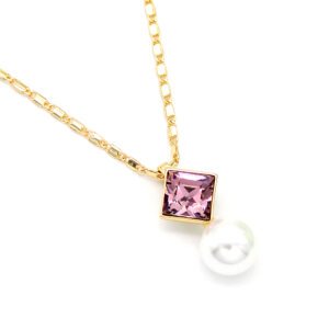 Modern square Swarovski element crystal and white pearl pendant necklace in gold and platinum plated copper for wholesale on junejewelry.com.