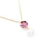Elegant Swarovski element hexagon crystal and pearl pendant necklace, copper with white gold plating, fashion jewelry wholesale at junejewelry.com.