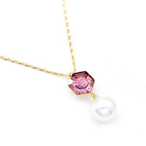 Elegant Swarovski element hexagon crystal and pearl pendant necklace, copper with white gold plating, fashion jewelry wholesale at junejewelry.com.