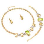 Luxury Swarovski element rectangular crystal necklace earrings bracelet set for wholesale, gold plated copper.