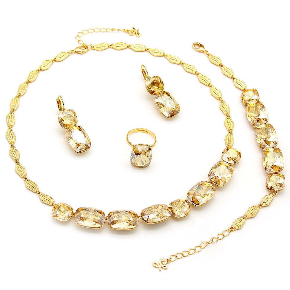 Luxury yellow Swarovski element crystal necklace earrings bracelet set for wedding wholesale, gold plated copper.