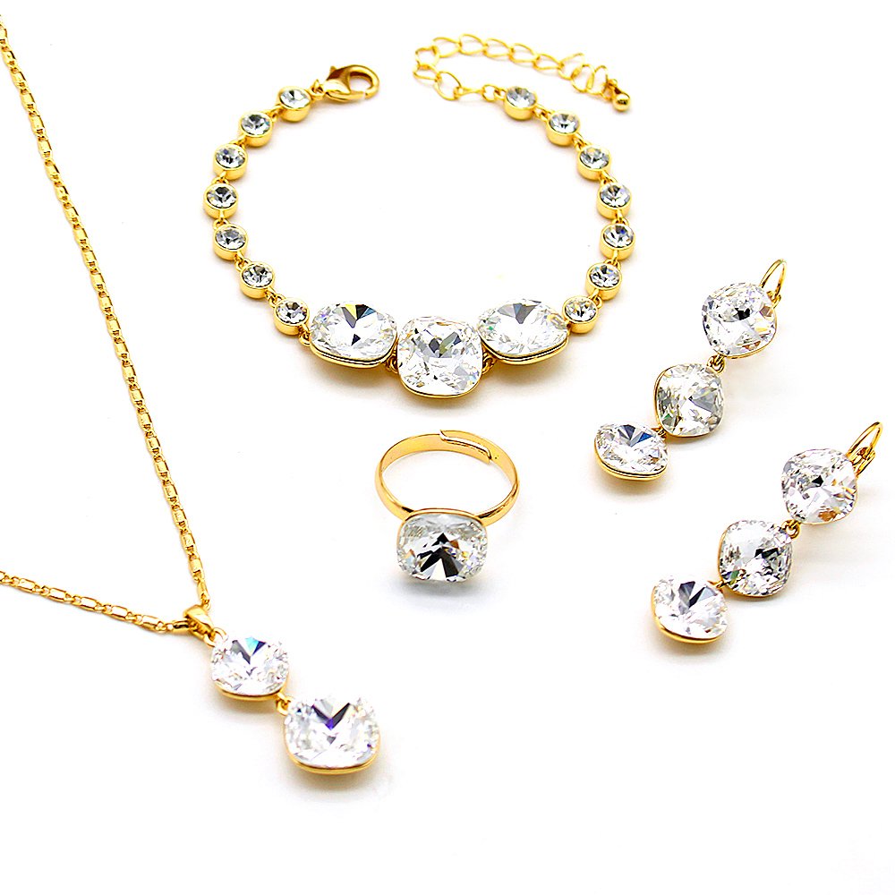 Minimalist white square Swarovski element crystal jewelry set for daily wear, gold plated copper wholesale.