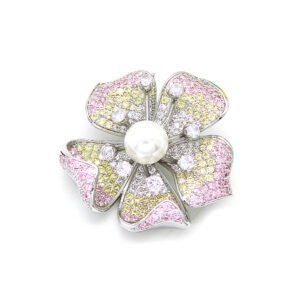 Wholesale flower zircon brooch with pink and yellow stones and central pearl on platinum plated copper from JuneJewelry.com – luxury floral jewelry for bulk orders.