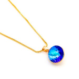 Blue Swarovski element crystal necklace wholesale - Round blue crystal pendant with real gold plating for daily wear.