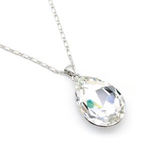 Elegant teardrop-shaped Swarovski element crystal pendant necklace with white gold plating, available for fashion jewelry wholesale at junejewelry.com.