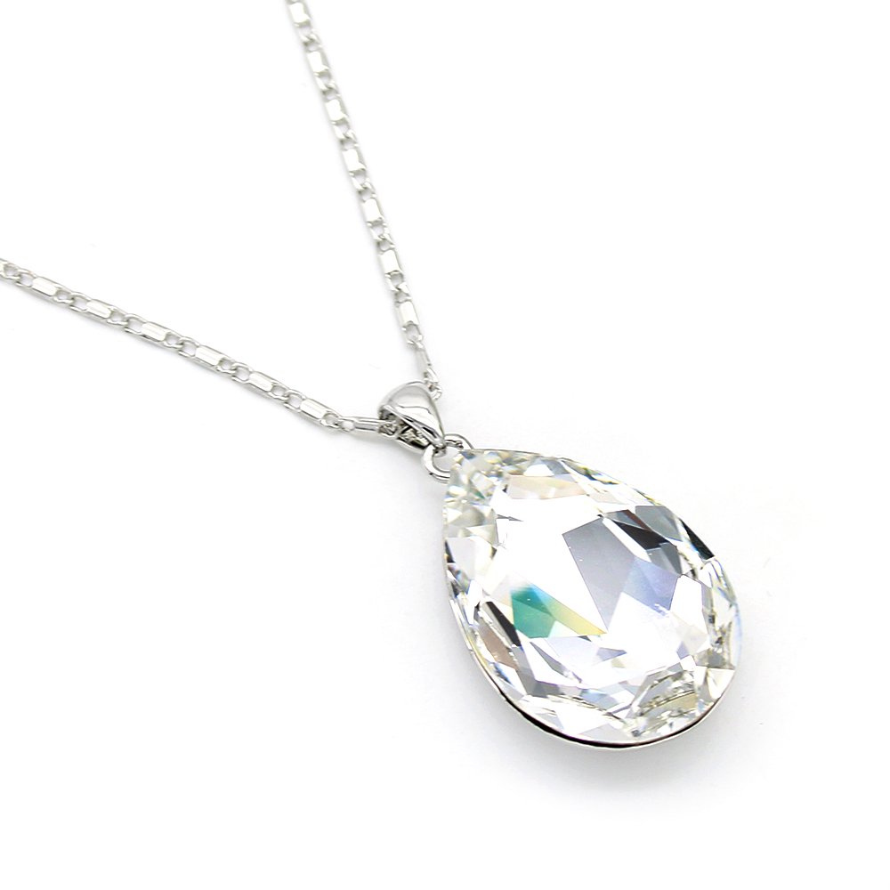 Elegant teardrop-shaped Swarovski element crystal pendant necklace with white gold plating, available for fashion jewelry wholesale at junejewelry.com.
