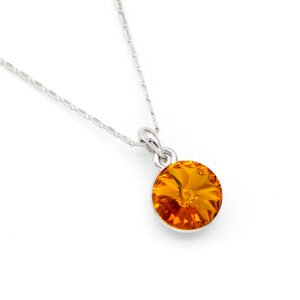 Single round Swarovski element crystal pendant necklace in white gold plating, available in multiple colors for wholesale at junejewelry.com.