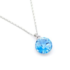 Single round Swarovski element crystal pendant necklace in white gold plating, available in multiple colors for wholesale at junejewelry.com.