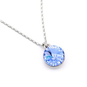 Single round Swarovski element crystal pendant necklace in white gold plating, available in multiple colors for wholesale at junejewelry.com.