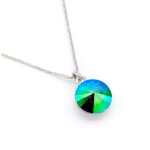 Single round Swarovski element crystal pendant necklace in white gold plating, available in multiple colors for wholesale at junejewelry.com.