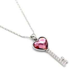 Wholesale Swarovski element heart key necklace: heart-shaped crystal key pendant on a high-quality real gold plated copper chain.