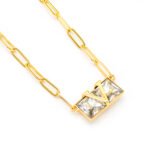 Punk style Swarovski element rectangular crystal pendant necklace with V letter, available in gold and white gold plating at junejewelry.com.