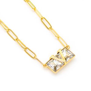 Punk style Swarovski element rectangular crystal pendant necklace with V letter, available in gold and white gold plating at junejewelry.com.