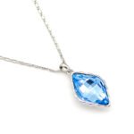 Sparkling Swarovski element rhombus crystal necklace, geometric diamond shape pendant, available in multiple colors and gold plating.