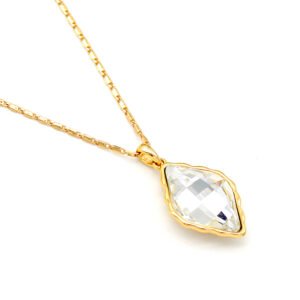 Sparkling Swarovski element rhombus crystal necklace, geometric diamond shape pendant, available in multiple colors and gold plating.
