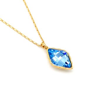 Sparkling Swarovski element rhombus crystal necklace, geometric diamond shape pendant, available in multiple colors and gold plating.