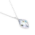 Sparkling Swarovski element rhombus crystal necklace, geometric diamond shape pendant, available in multiple colors and gold plating.