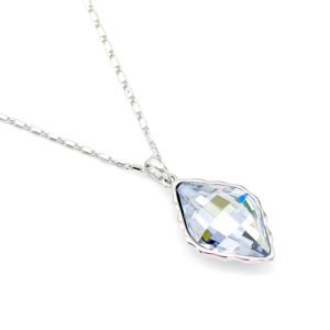 Sparkling Swarovski element rhombus crystal necklace, geometric diamond shape pendant, available in multiple colors and gold plating.