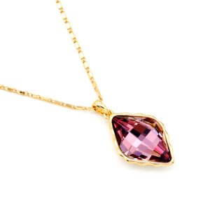 Sparkling Swarovski element rhombus crystal necklace, geometric diamond shape pendant, available in multiple colors and gold plating.