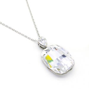 Elegant Swarovski element drop and rectangle crystal pendant necklace in white gold plated copper for fashion jewelry wholesale at junejewelry.com.
