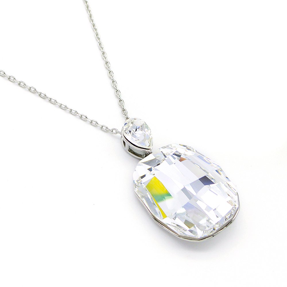 Elegant Swarovski element drop and rectangle crystal pendant necklace in white gold plated copper for fashion jewelry wholesale at junejewelry.com.