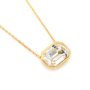 Sparkling Swarovski element rectangular crystal necklace with geometric emerald cut pendant and 18K real gold plated copper chain.
