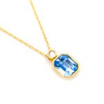 Shining blue Swarovski element rectangular crystal necklace with 18K real gold plated copper chain for daily wear.