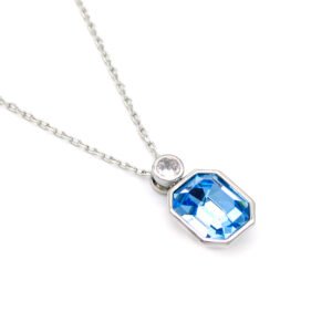 Shining blue Swarovski element rectangular crystal necklace with 18K real gold plated copper chain for daily wear.