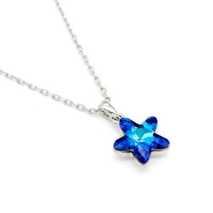 Dainty blue star Swarovski element crystal necklace with white gold plated copper chain for daily wear minimalist style.