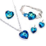 Wholesale Swarovski element heart jewelry set: crystal necklace, heart earrings, adjustable ring, and bracelet in real gold plated copper.