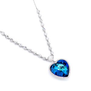 Luxury large Swarovski element blue heart crystal necklace with gold and white gold plating options - Wholesale jewelry from junejewelry.com
