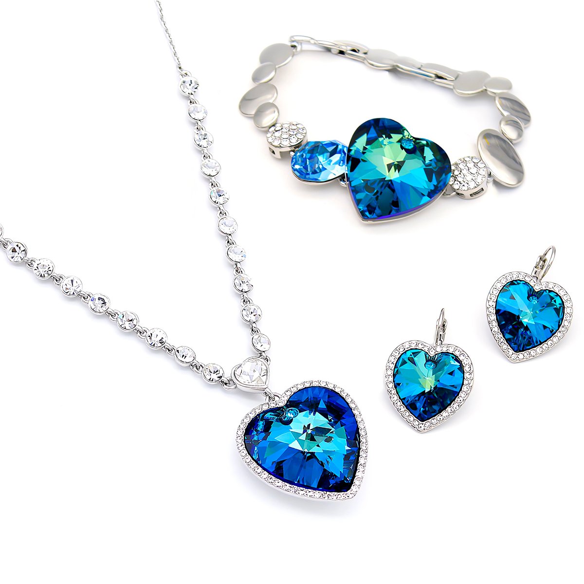 Wholesale Swarovski element heart jewelry set including crystal necklace, stud earrings, and bracelet in real gold plated brass.