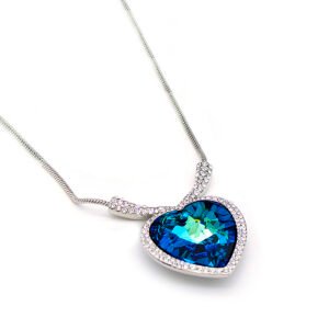 Luxury Swarovski element blue heart crystal necklace for wholesale, large sparkling pendant on gold plated copper.