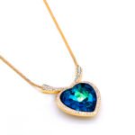 Luxury Swarovski element blue heart crystal necklace for wholesale, large sparkling pendant on gold plated copper.