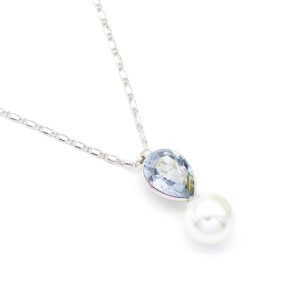 Sparkling Swarovski element teardrop crystal and white pearl pendant necklace in gold and platinum plating for wholesale at junejewelry.com.