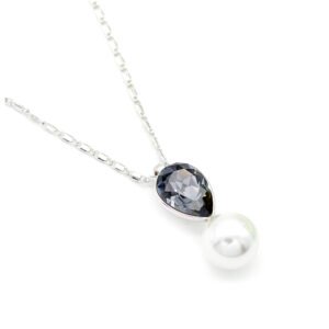 Sparkling Swarovski element teardrop crystal and white pearl pendant necklace in gold and platinum plating for wholesale at junejewelry.com.