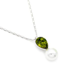 Sparkling Swarovski element teardrop crystal and white pearl pendant necklace in gold and platinum plating for wholesale at junejewelry.com.