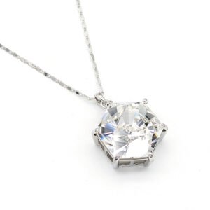 Minimalist Swarovski element hexagon shaped single crystal pendant necklace in gold and white gold plating for fashion jewelry wholesale at junejewelry.com.