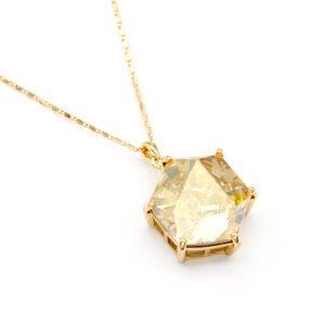 Minimalist Swarovski element hexagon shaped single crystal pendant necklace in gold and white gold plating for fashion jewelry wholesale at junejewelry.com.