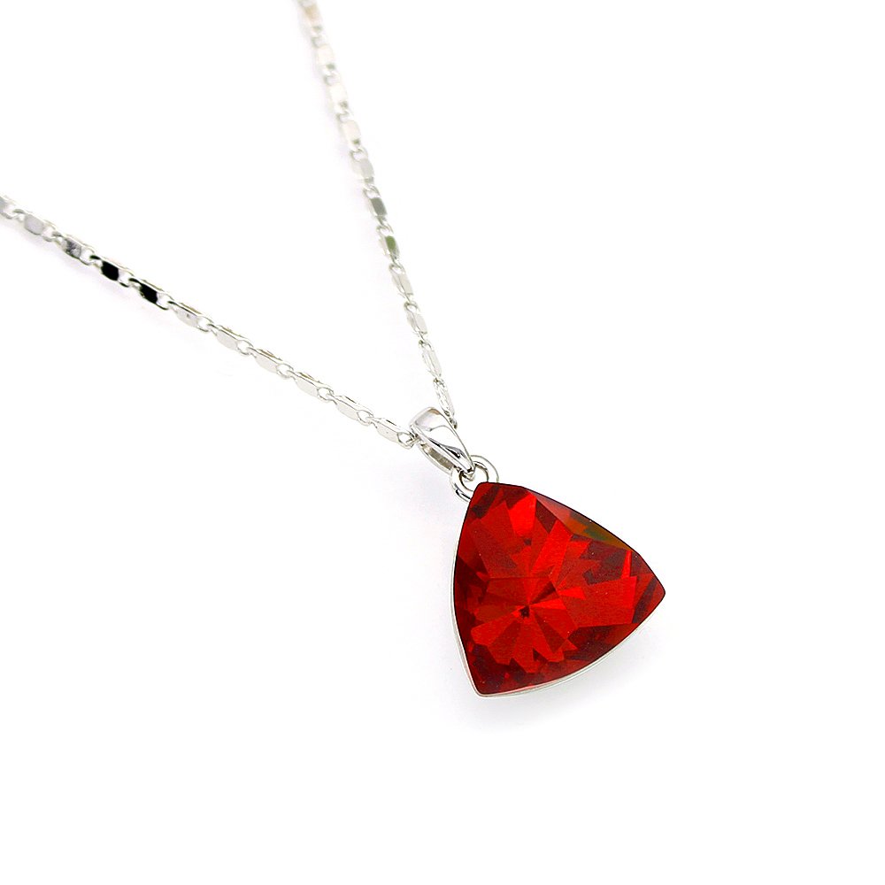 Elegant Red Swarovski element triangle shaped single crystal pendant necklace with white gold plating for fashion jewelry wholesale at junejewelry.com.