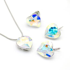 Wholesale Swarovski element heart jewelry set including crystal necklace, earrings, and bracelet in real gold plated brass.