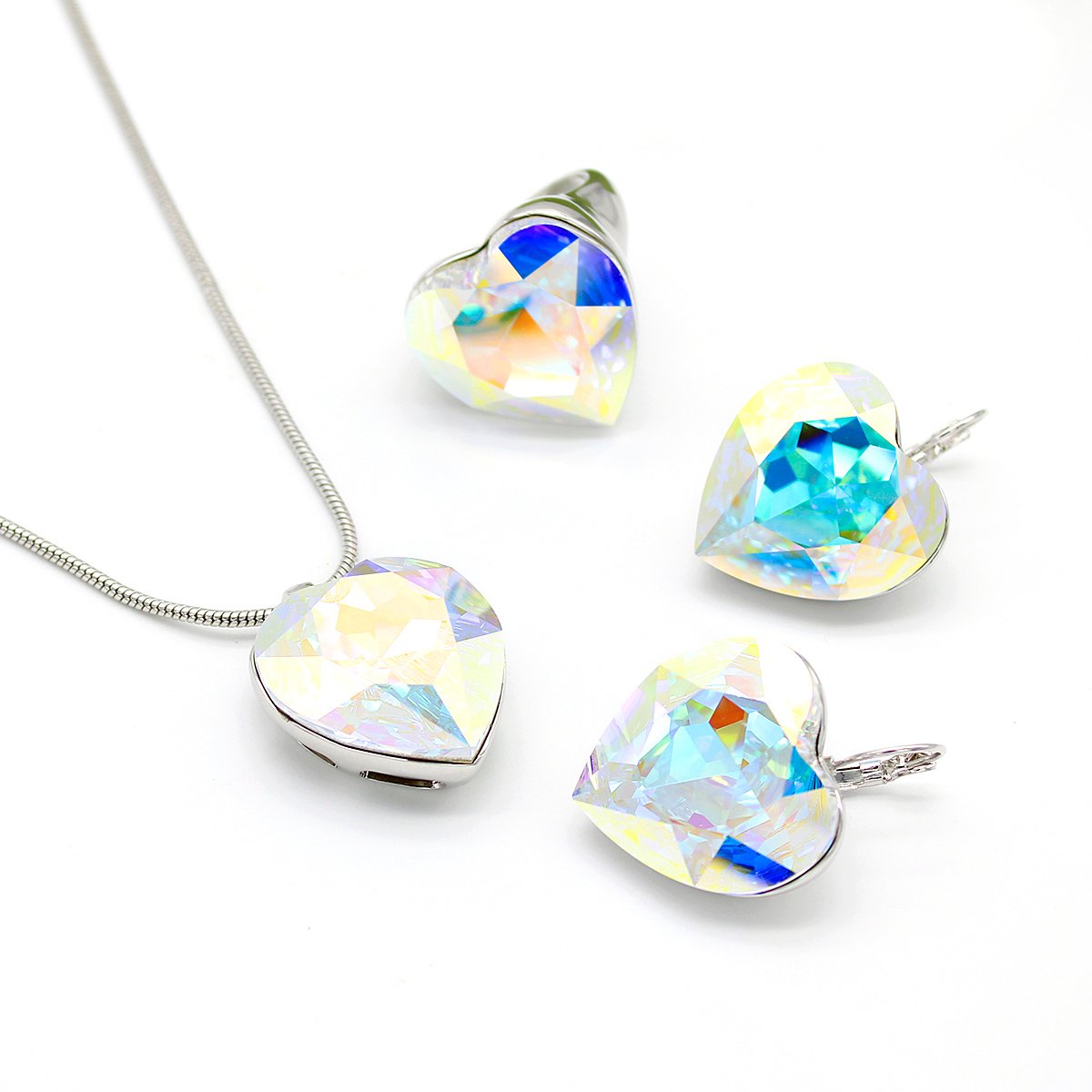 Wholesale Swarovski element heart jewelry set including crystal necklace, earrings, and bracelet in real gold plated brass.