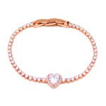 Wholesale tennis zircon bracelet with heart center and rose gold plated copper from JuneJewelry.com – luxury wedding jewelry for bulk orders.